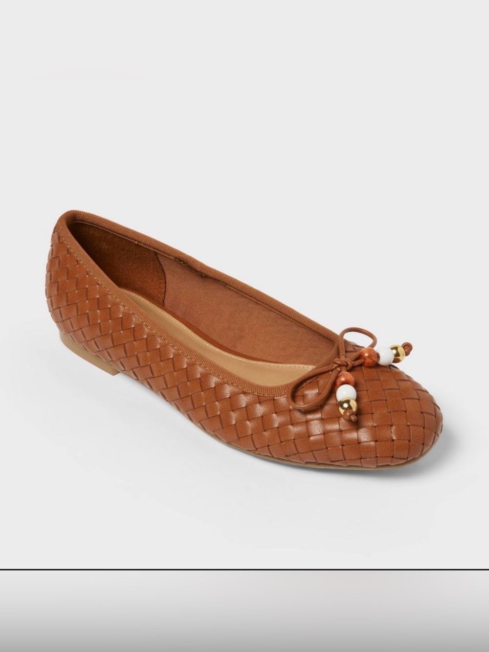 Universal Thread Merritt Woven Ballet Flats Cognac Brown Beaded Bow Size 6.5 NWB